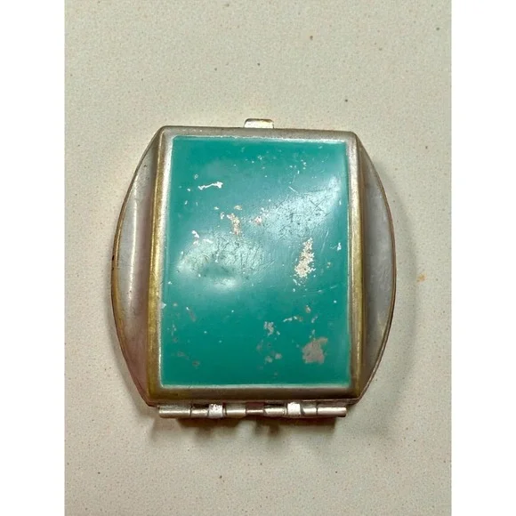 Antique Art Deco Compact Powder Rouge Green Teal Case Mirror Rhinestone Accent - Picture 6 of 8